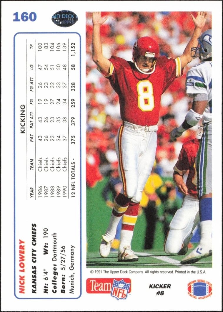 1991 Upper Deck Nick Lowery #160 football trading card back