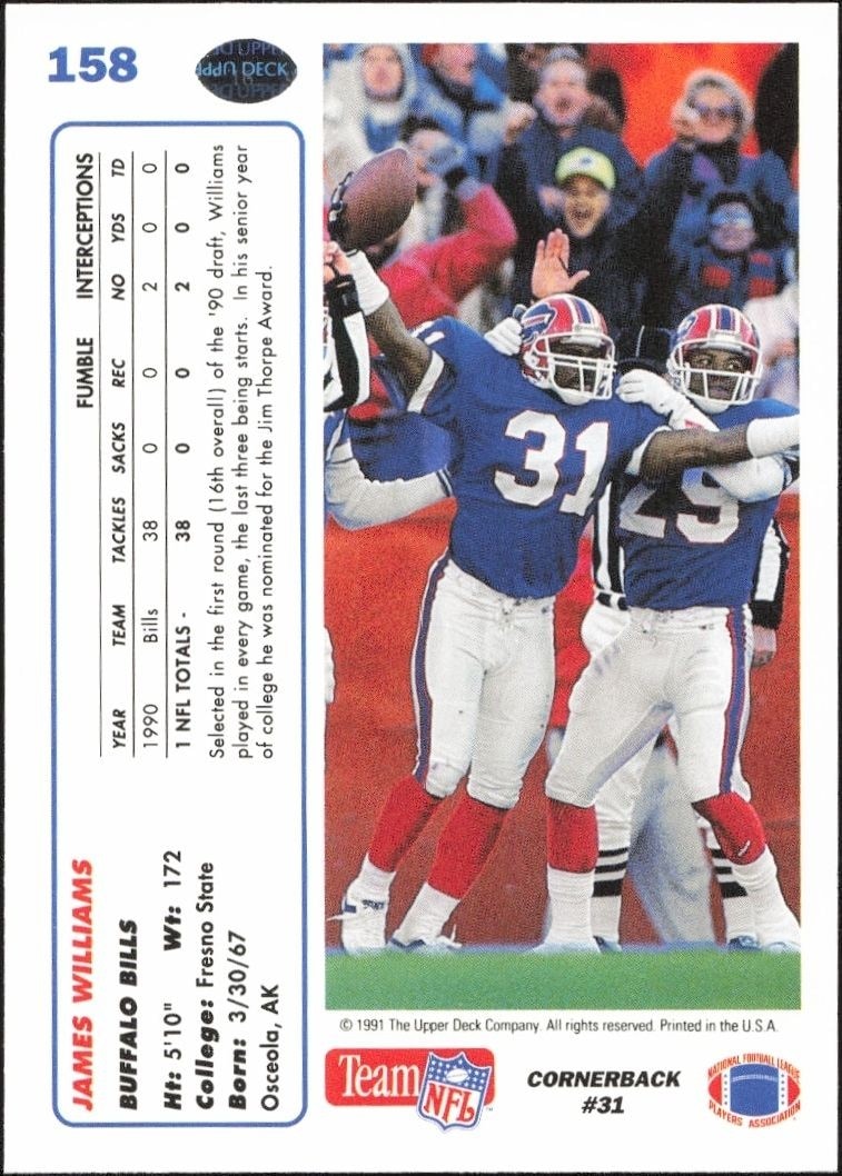 1991 Upper Deck James Williams #158 football trading card back