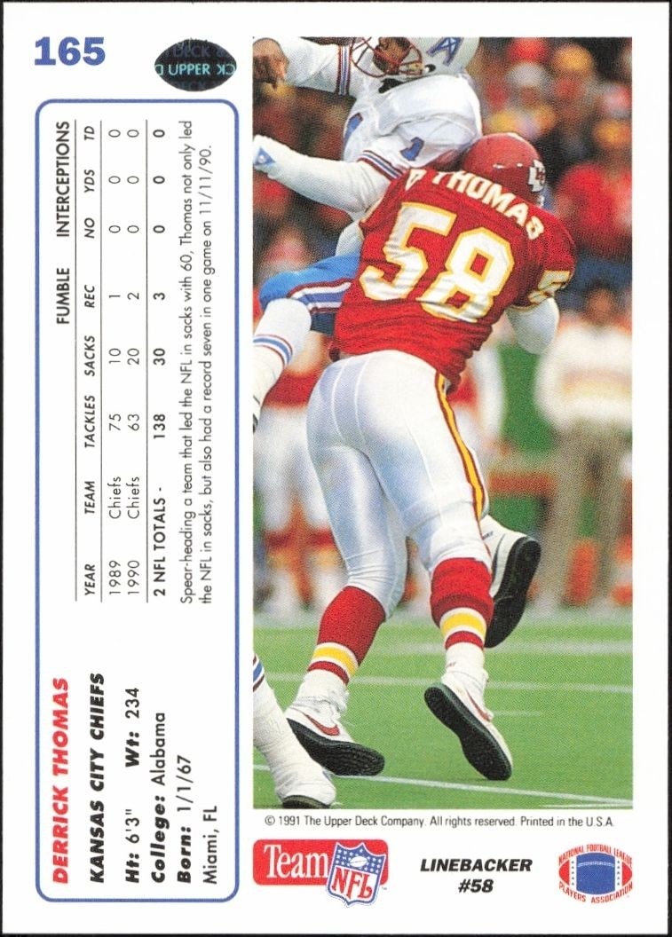 1991 Upper Deck Derrick Thomas #165 football trading card back