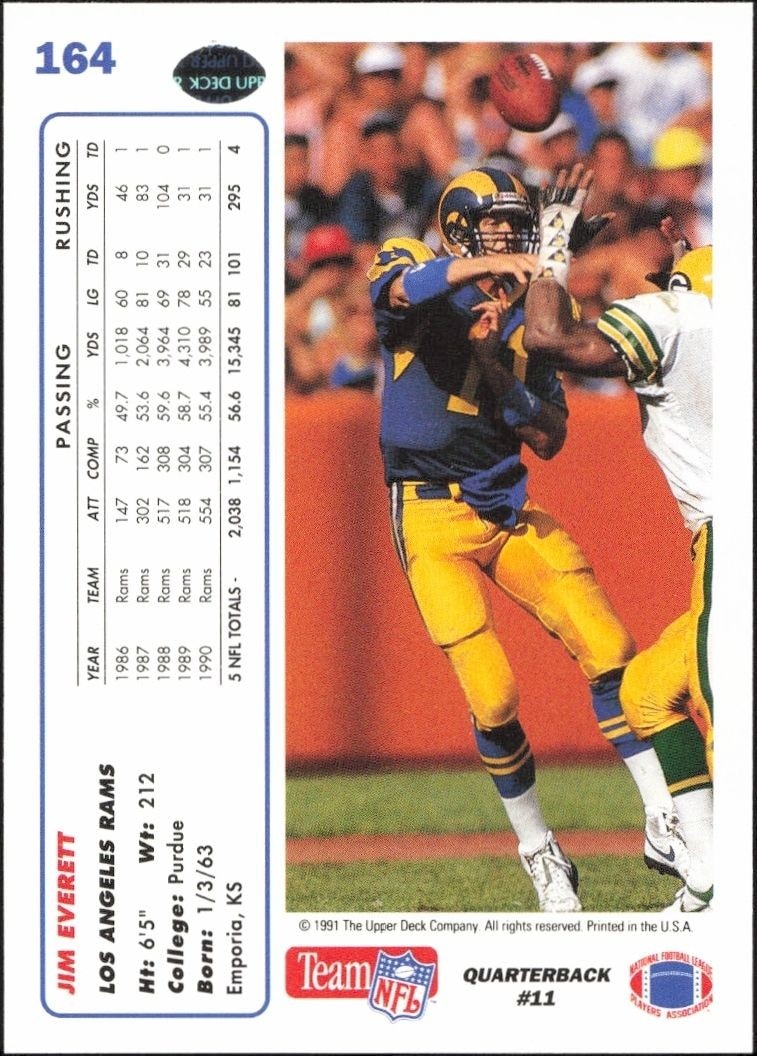 1991 Upper Deck Jim Everett #164 football trading card back