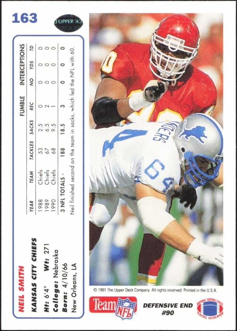 1991 Upper Deck Neil Smith #163 football trading card back