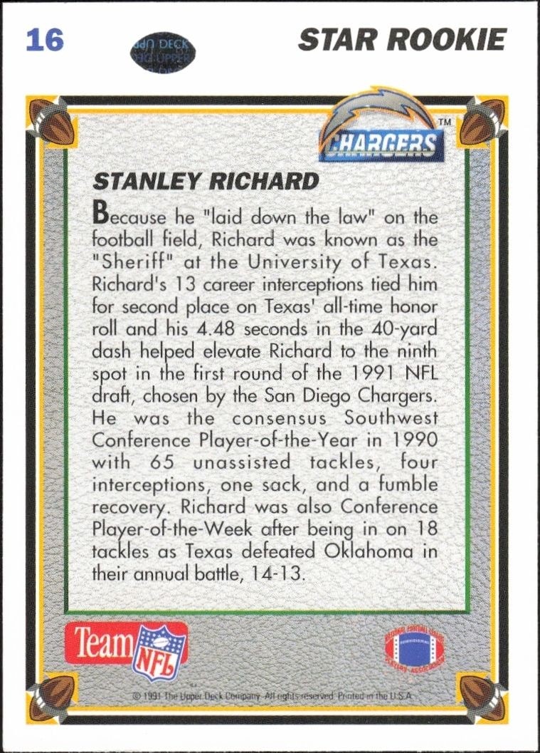 1991 Upper Deck Stanley Richard #16 football trading card back