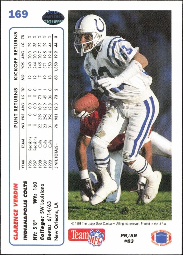 1991 Upper Deck Clarence Verdin #169 football trading card back