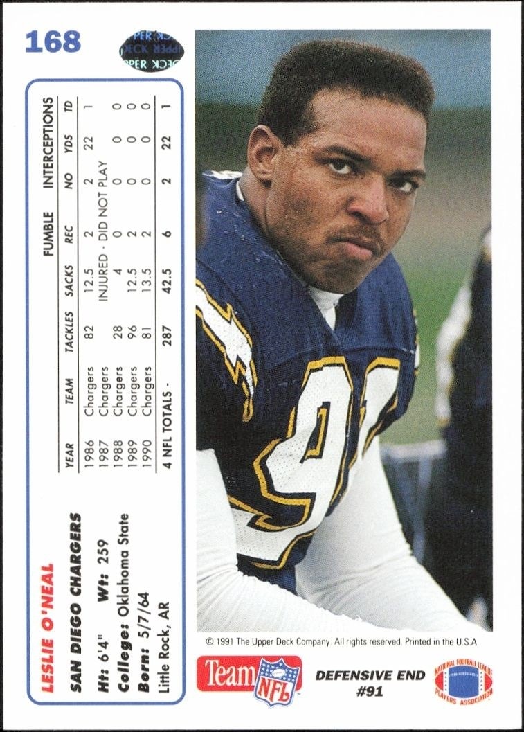 1991 Upper Deck Leslie O'Neal #168 football trading card back