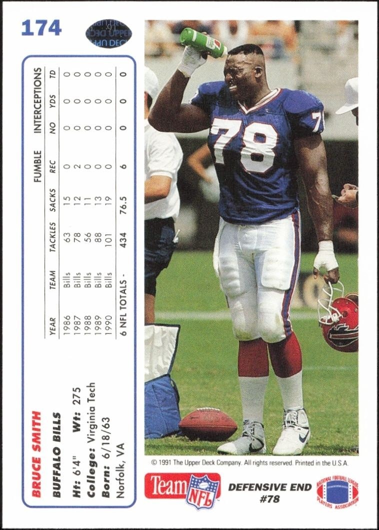 1991 Upper Deck Bruce Smith #174 football trading card back