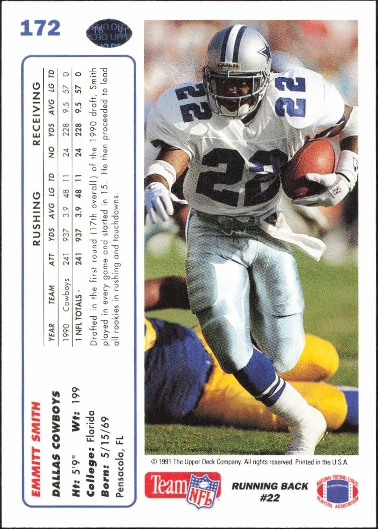 1991 Upper Deck Emmitt Smith #172 football trading card back