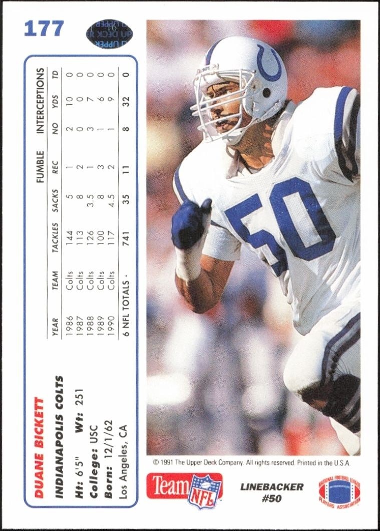 1991 Upper Deck Duane Bickett #177 football trading card back