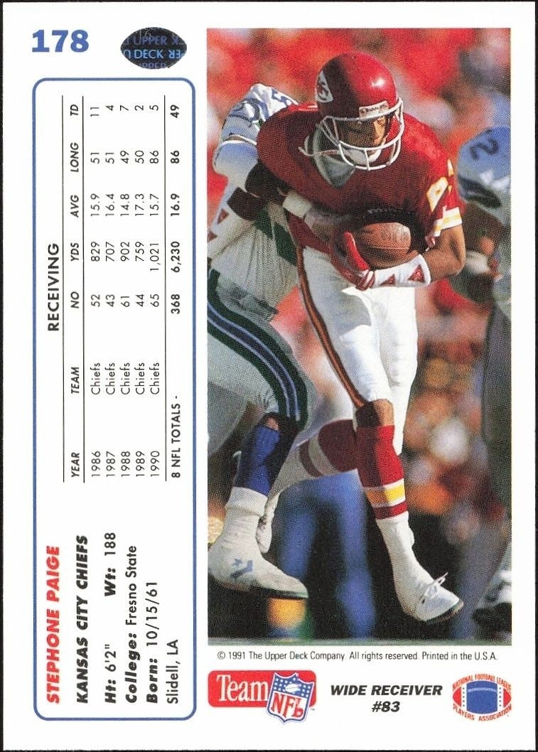 1991 Upper Deck Stephone Paige #178 football trading card back