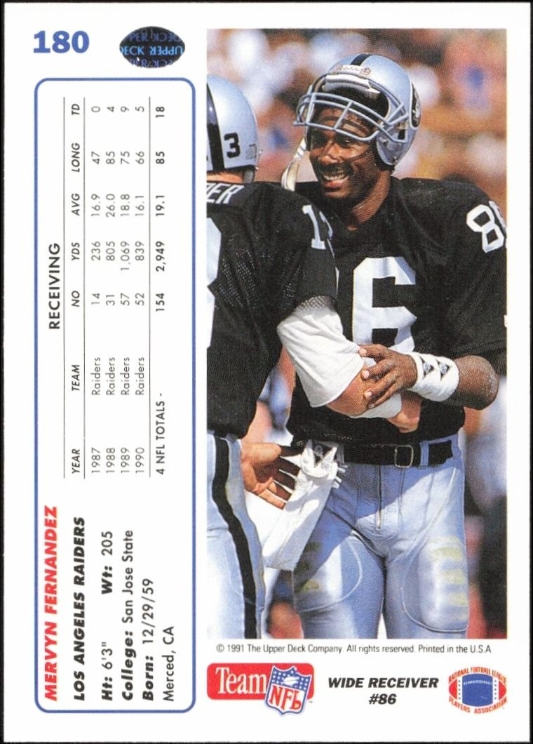 1991 Upper Deck Mervyn Fernandez #180 football trading card back