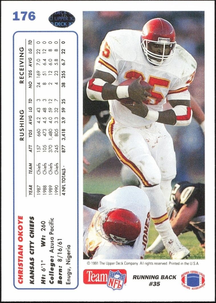 1991 Upper Deck Christian Okoye #176 football trading card back