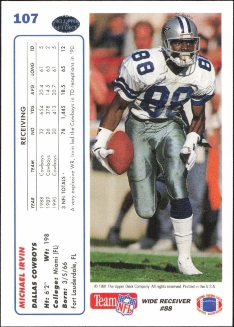 1991 Upper Deck Michael Irvin #107 football trading card back