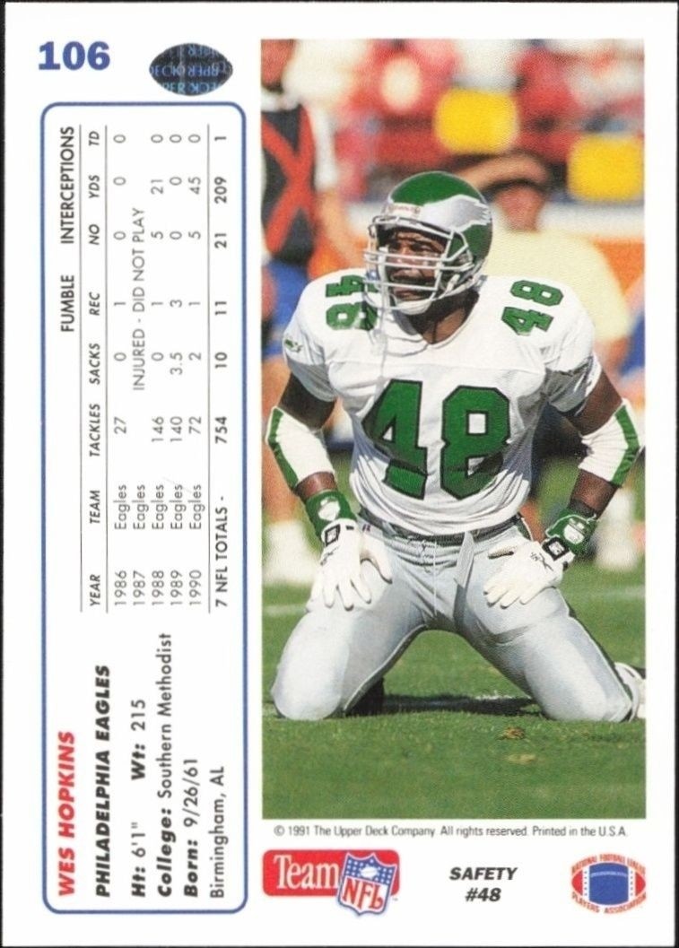 1991 Upper Deck Wes Hopkins #106 football trading card back
