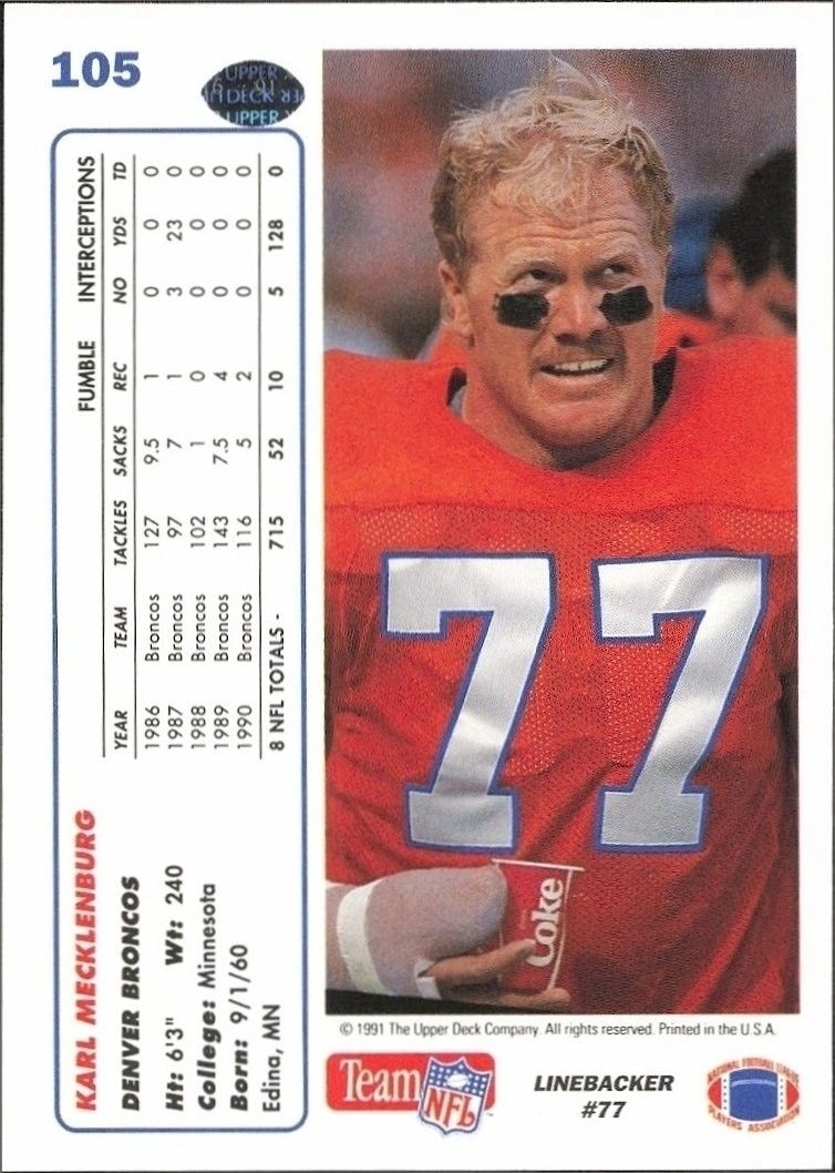 1991 Upper Deck Karl Mecklenburg #105 football trading card back