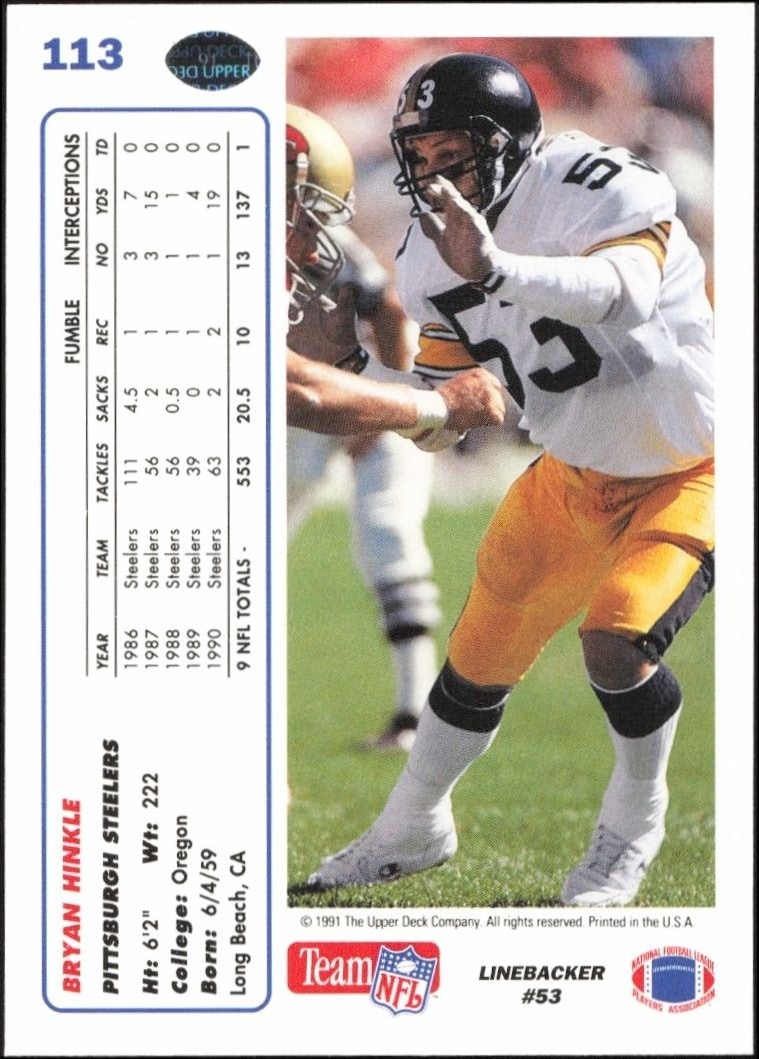 1991 Upper Deck Bryan Hinkle #113 football trading card back