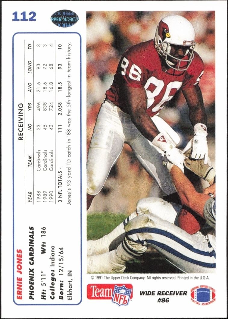1991 Upper Deck Ernie Jones #112 football trading card back