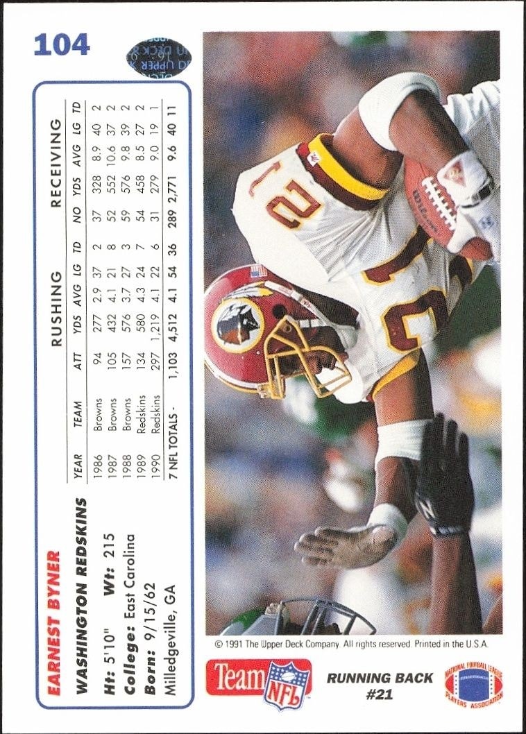 1991 Upper Deck Earnest Byner #104 football trading card back