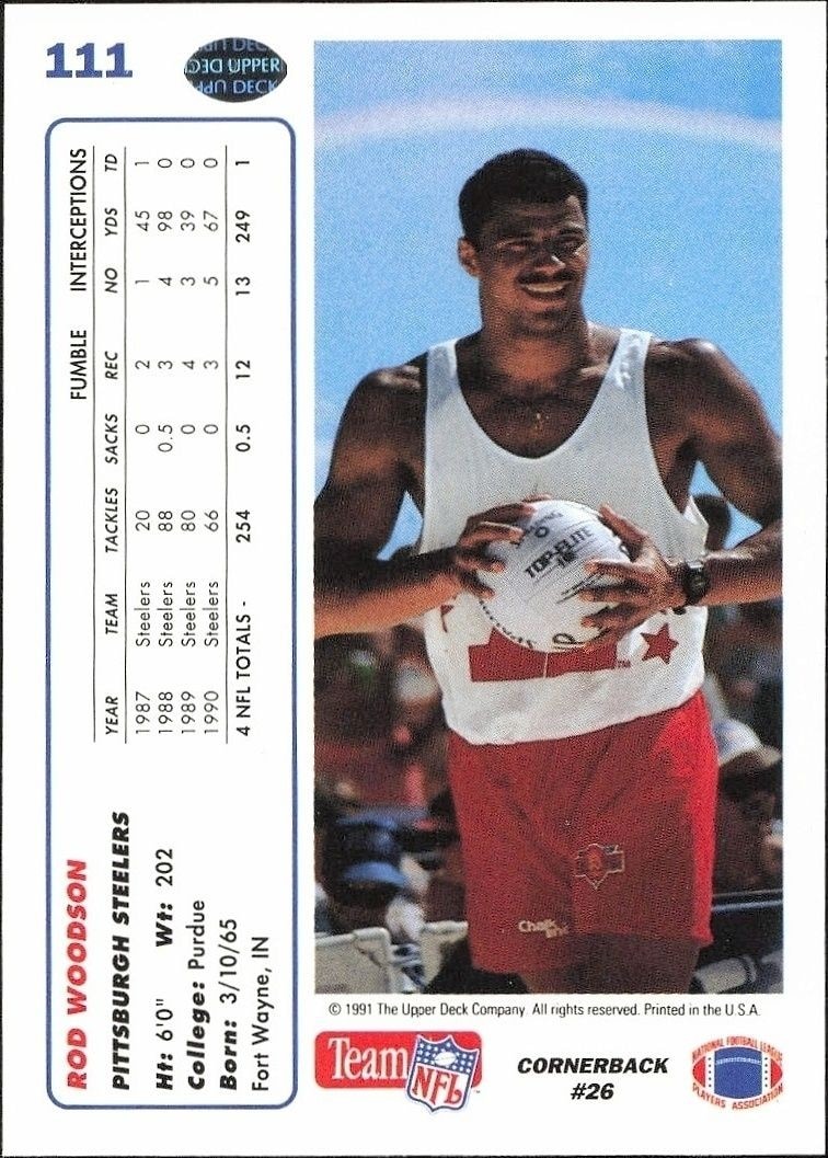 1991 Upper Deck Rod Woodson #111 football trading card back