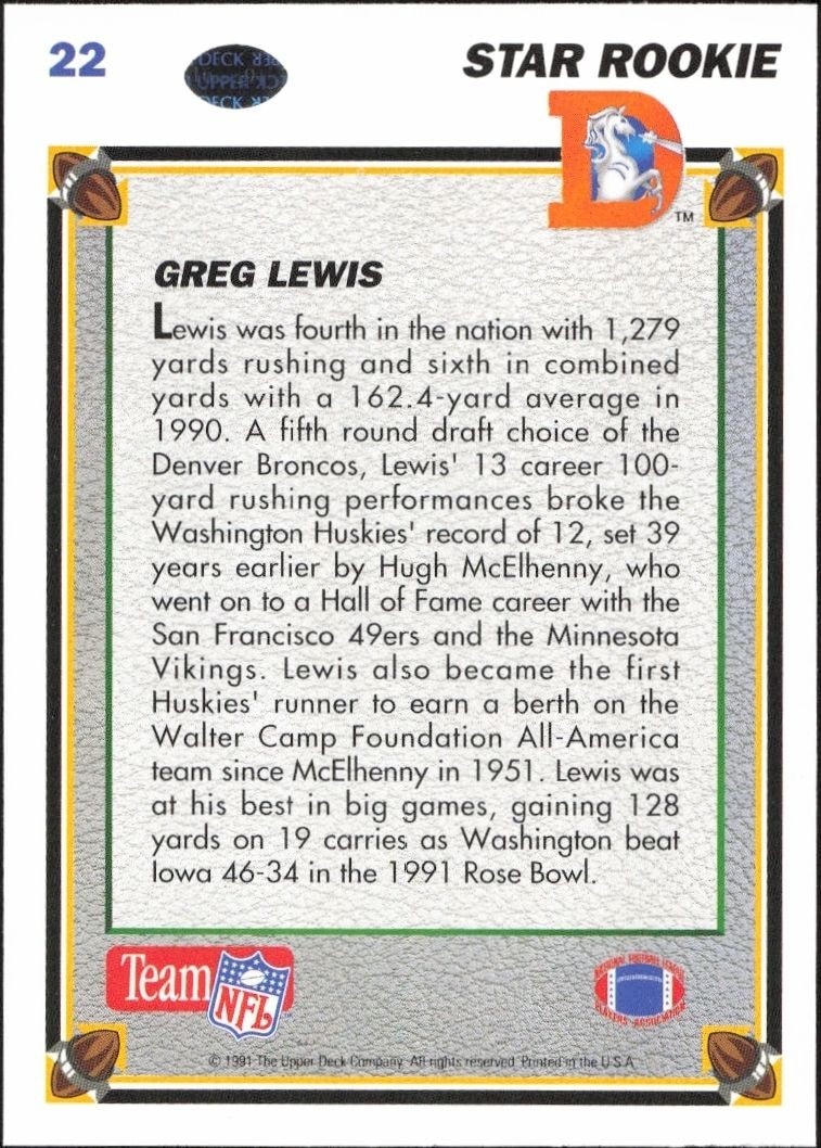 1991 Upper Deck Greg Lewis #22 football trading card back