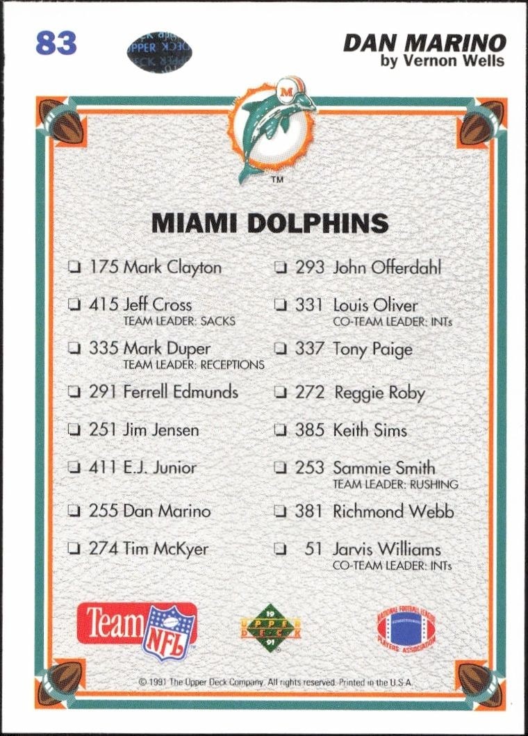 1991 Upper Deck Dan Marino #83 football trading card back