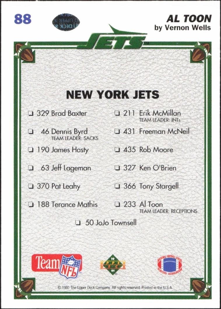 1991 Upper Deck Al Toon #88 football trading card back