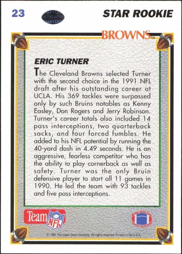 1991 Upper Deck Eric Turner #23 football trading card back