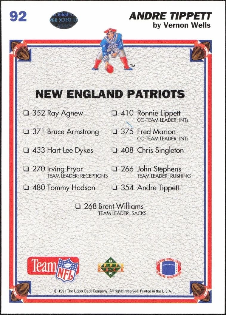 1991 Upper Deck Andre Tippett #92 football trading card back