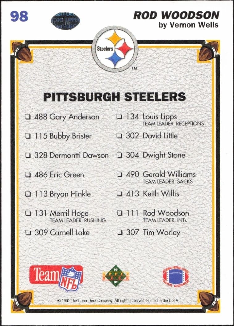 1991 Upper Deck Rod Woodson #98 football trading card back