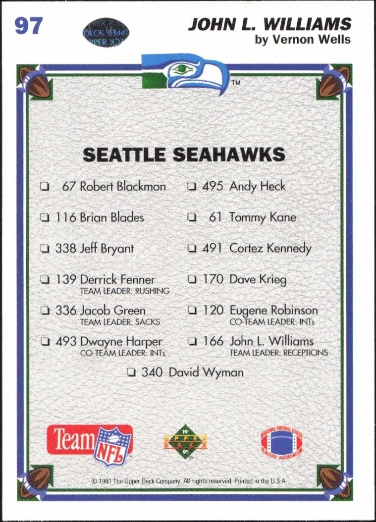 1991 Upper Deck John L. Williams #97 football trading card back