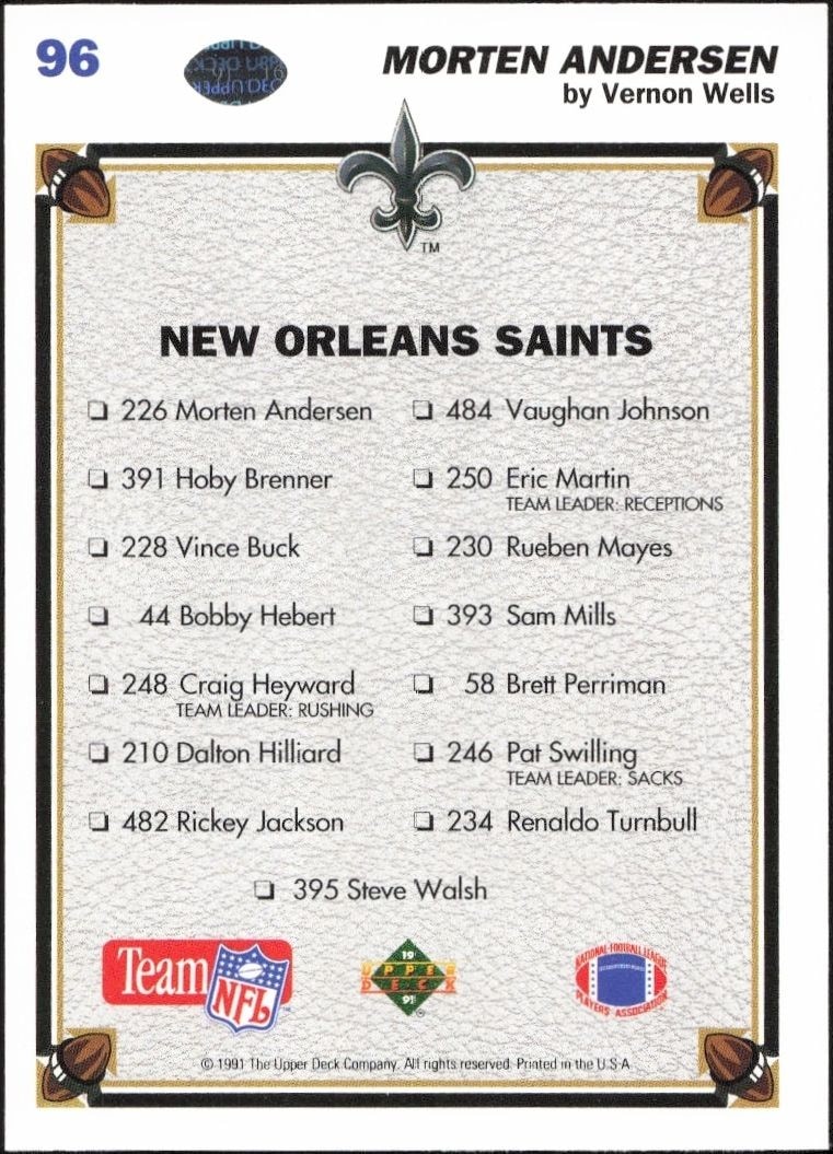1991 Upper Deck Morten Andersen #96 football trading card back