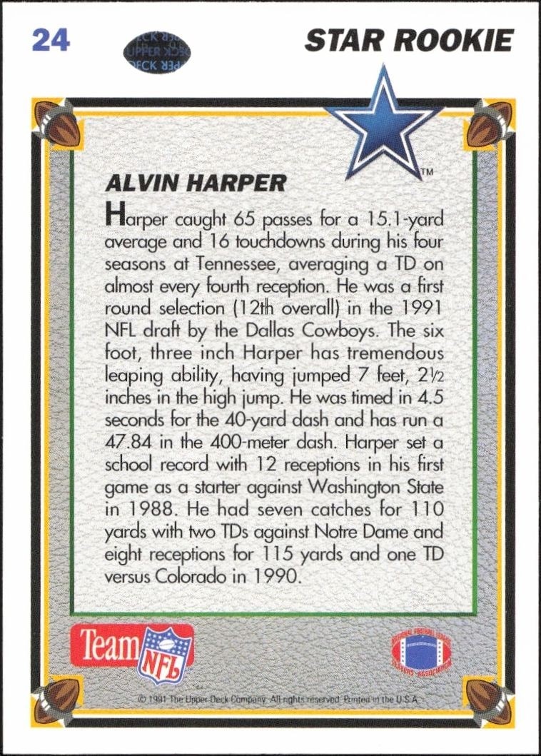 1991 Upper Deck Alvin Harper #24 football trading card back