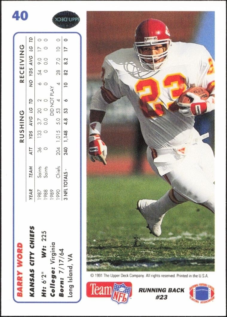 1991 Upper Deck Barry Word #40 football trading card back