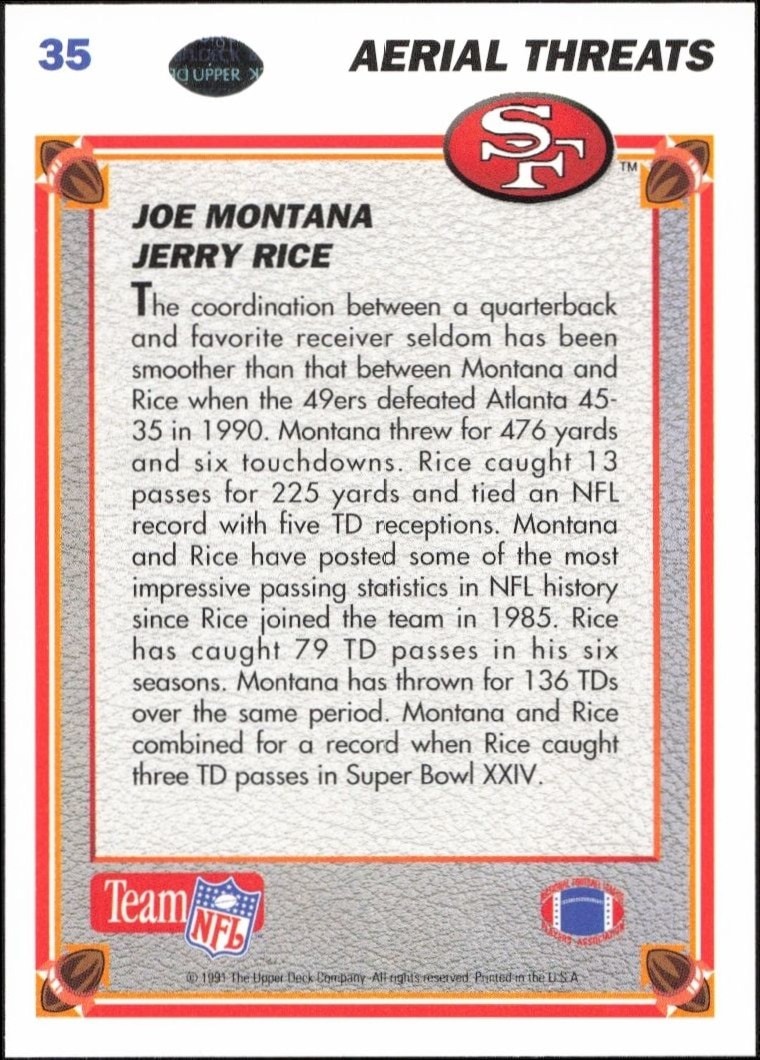 1991 Upper Deck Joe Montana / Jerry Rice / #35 football trading card back