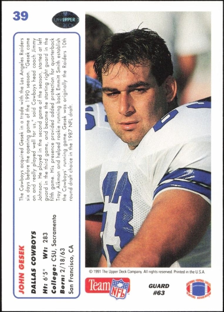 1991 Upper Deck John Gesek #39 football trading card back