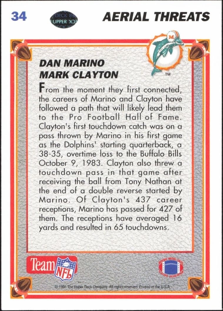 1991 Upper Deck Dan Marino / Markayton / #34 football trading card back