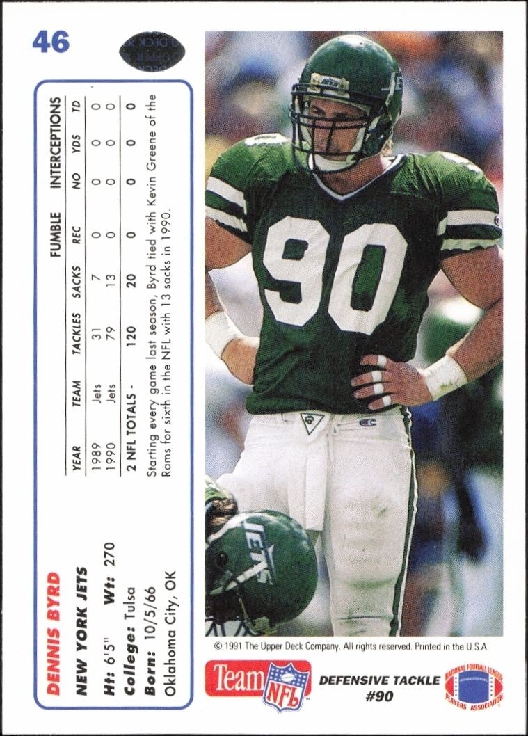 1991 Upper Deck Dennis Byrd #46 football trading card back