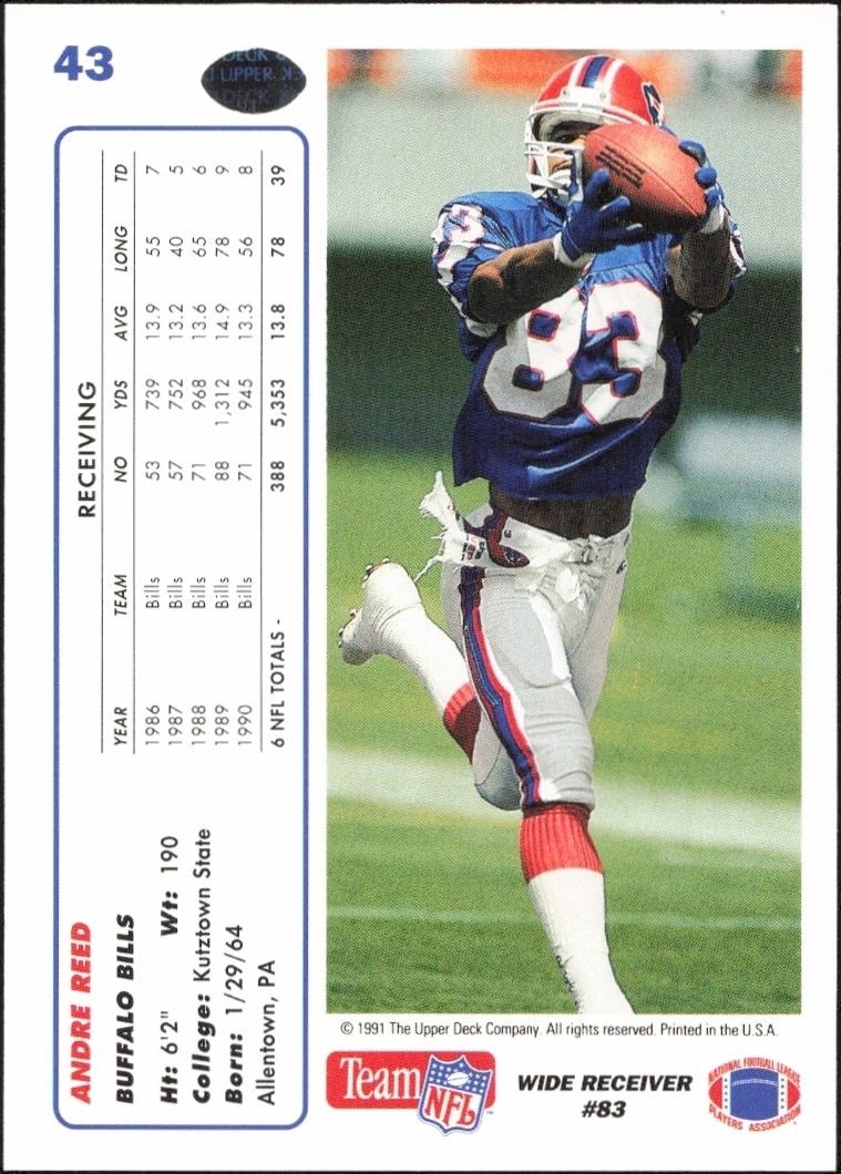 1991 Upper Deck Andre Reed #43 football trading card back