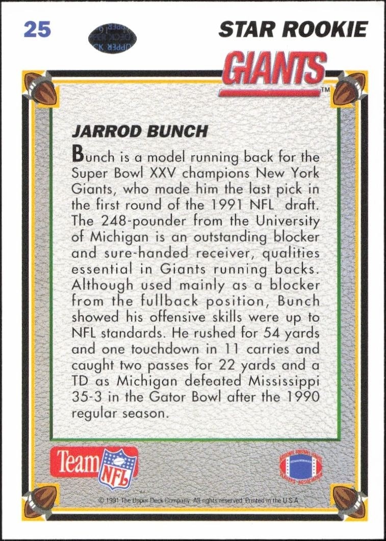 1991 Upper Deck Jarrod Bunch #25 football trading card back
