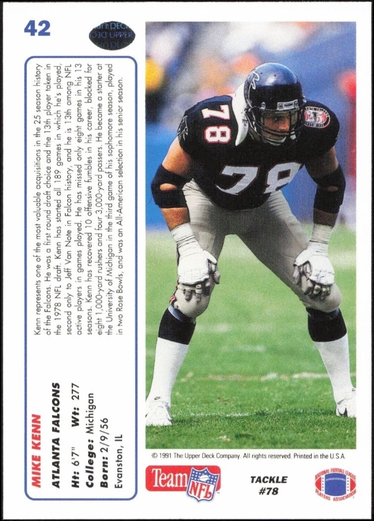 1991 Upper Deck Mike Kenn #42 football trading card back
