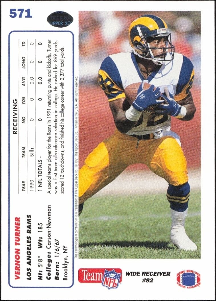 1991 Upper Deck Vernon Turner #571 football trading card back