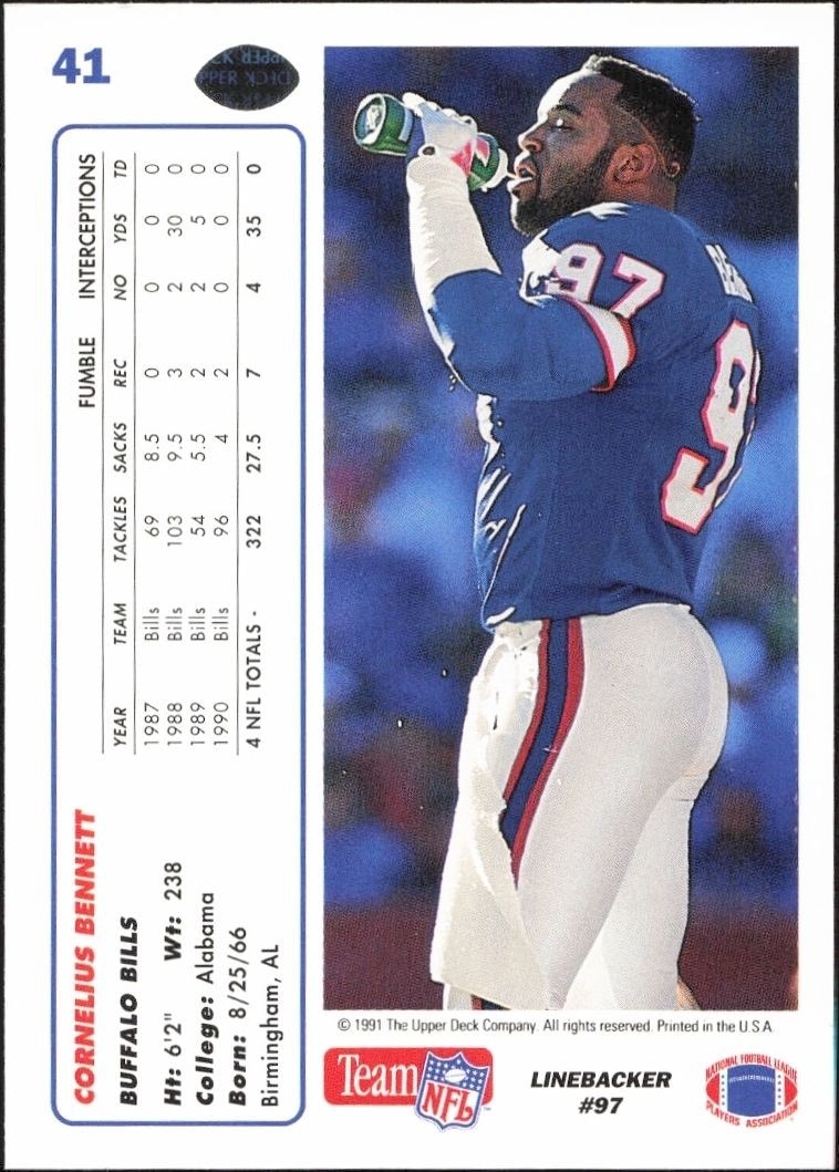 1991 Upper Deck Cornelius Bennett #41 football trading card back