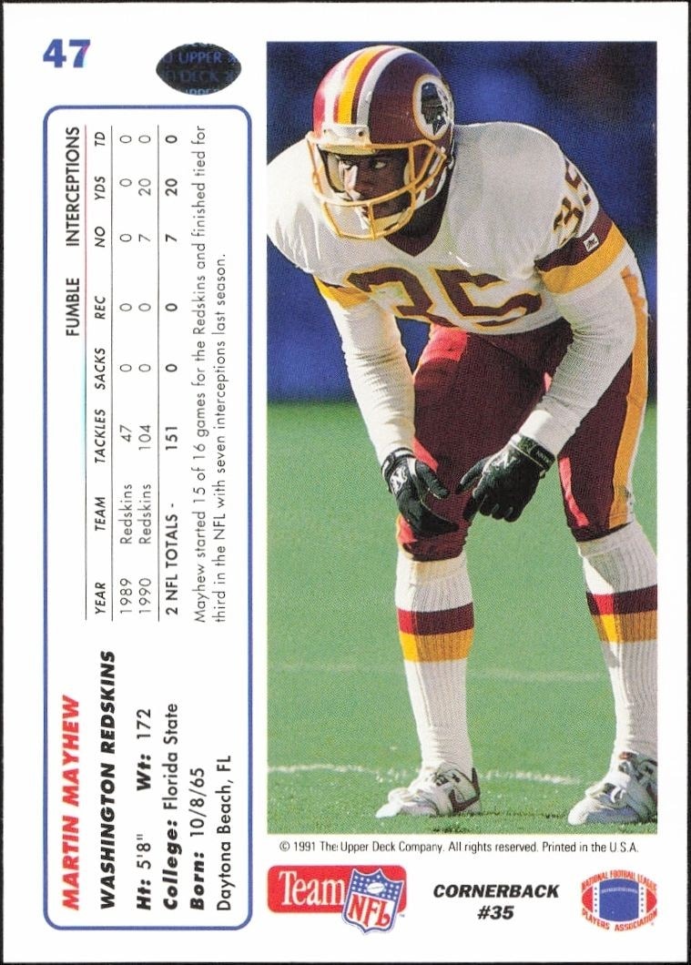 1991 Upper Deck Martin Mayhew #47 football trading card back