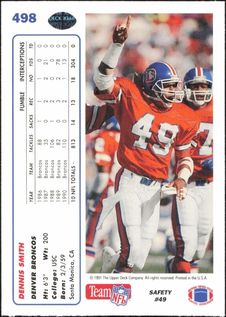 1991 Upper Deck Dennis Smith #498 football trading card back