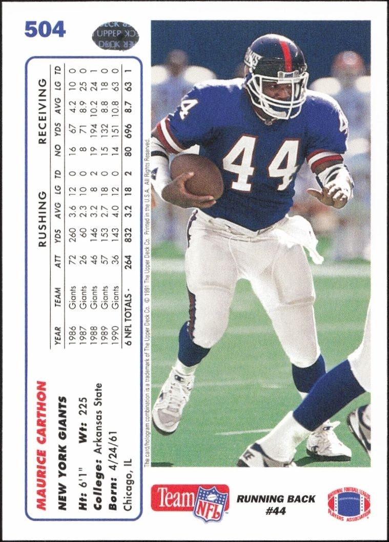 1991 Upper Deck Maurice Carthon #504 football trading card back