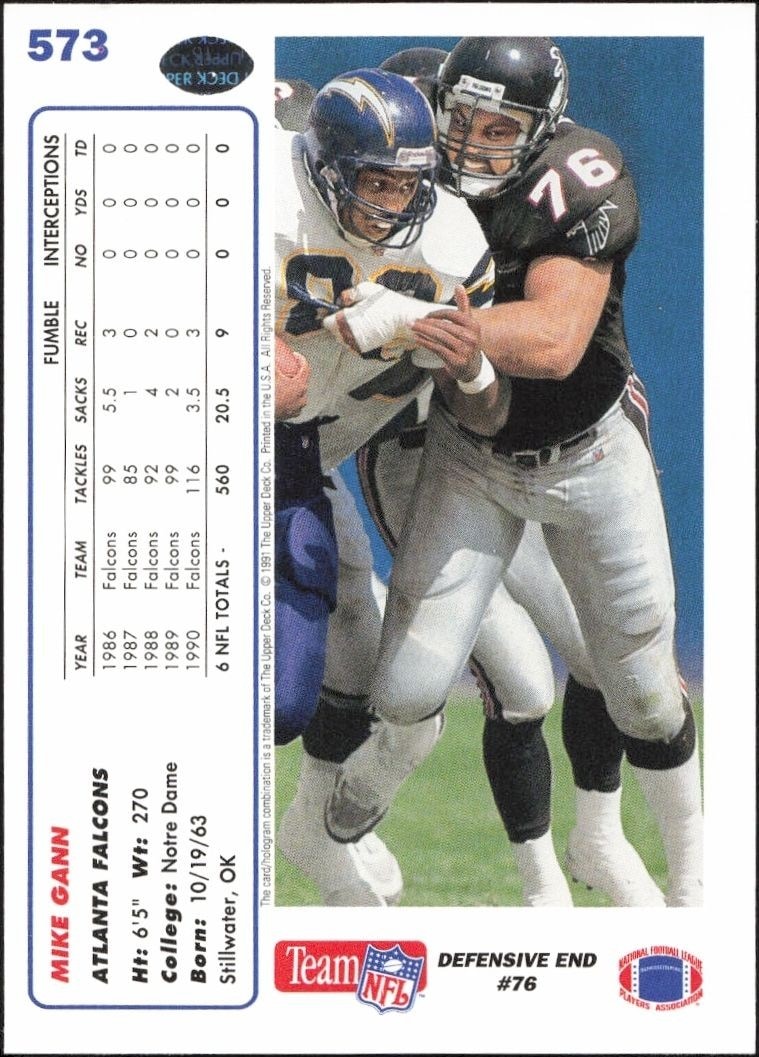 1991 Upper Deck Mike Gann #573 football trading card back