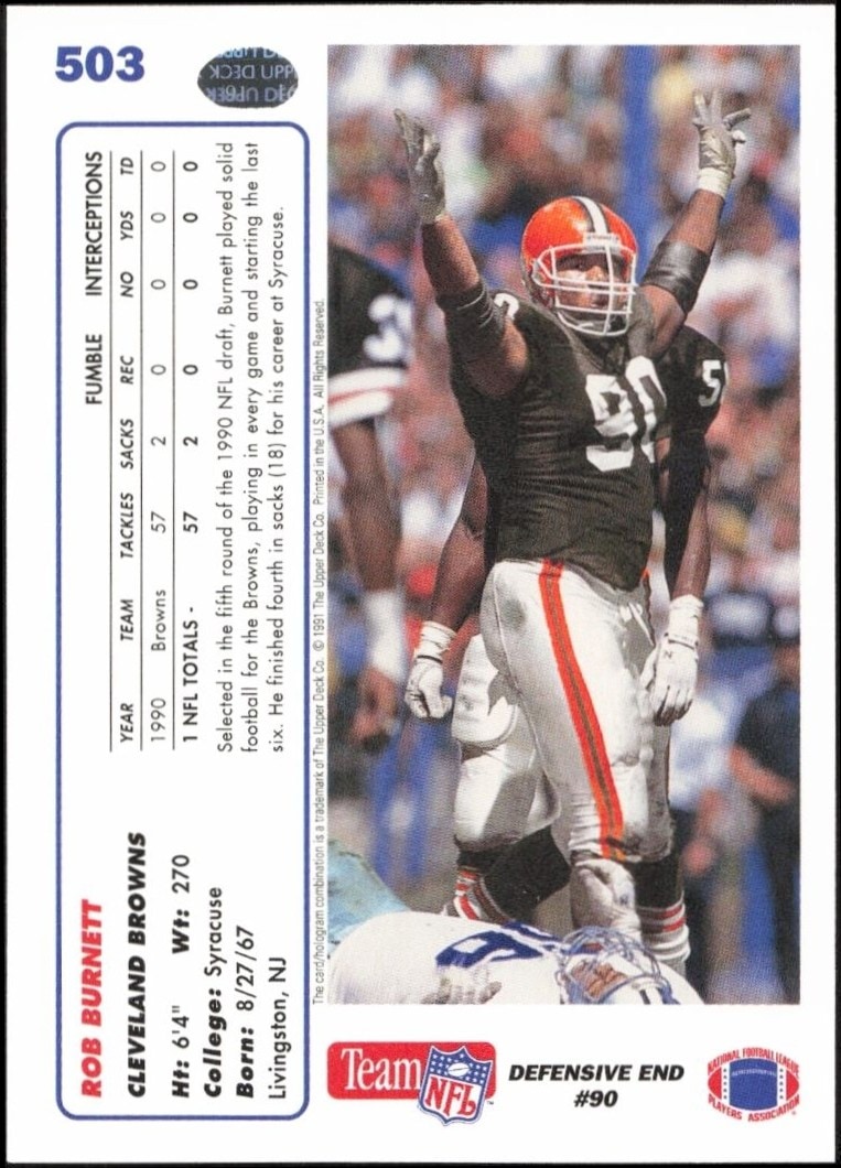 1991 Upper Deck Rob Burnett #503 football trading card back