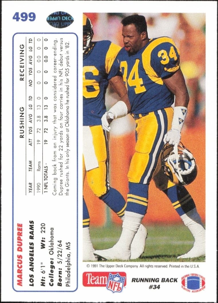 1991 Upper Deck Marcus Dupree #499 football trading card back