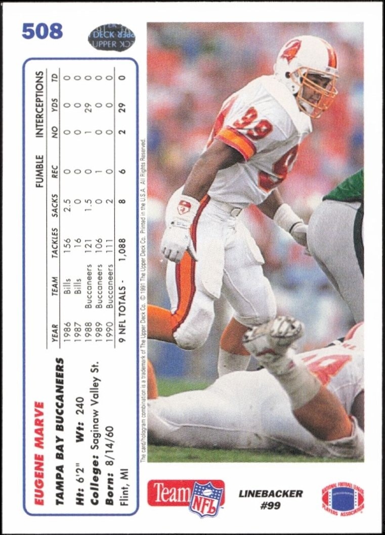 1991 Upper Deck Eugene Marve #508 football trading card back