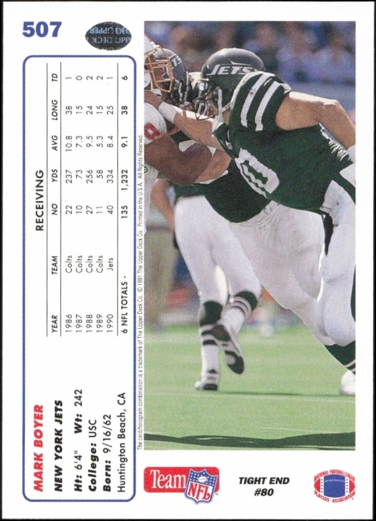 1991 Upper Deck Mark Boyer #507 football trading card back