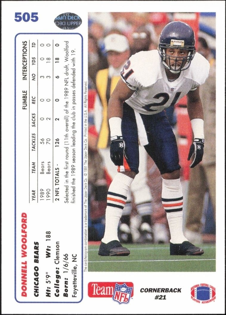 1991 Upper Deck Donnell Woolford #505 football trading card back
