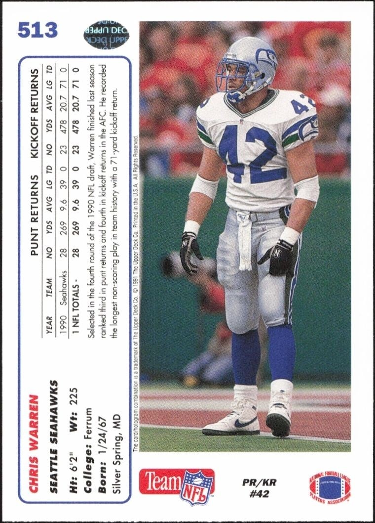 1991 Upper Deck Chris Warren #513 football trading card back